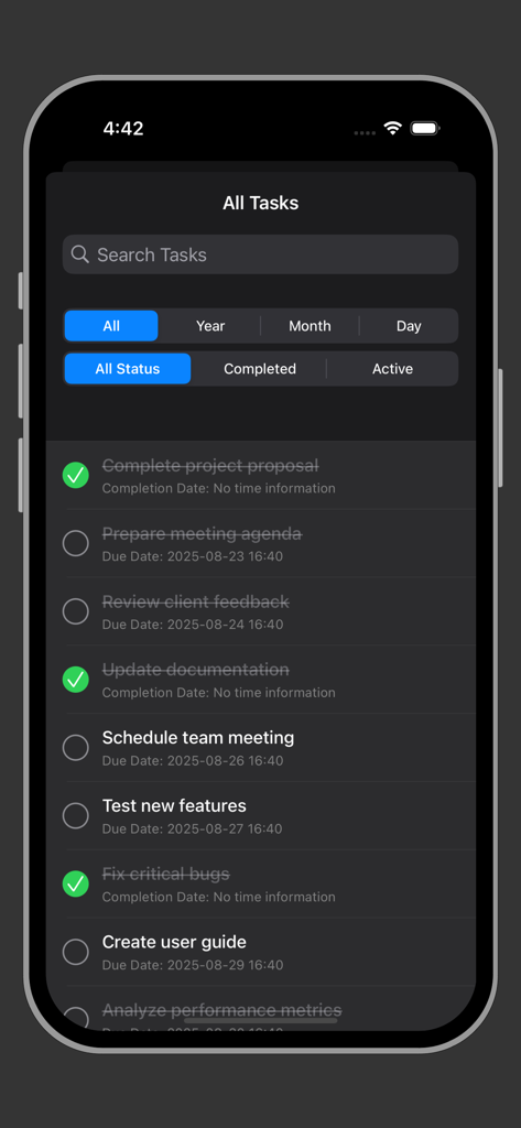 Mobile app screenshot showing an organized list of tasks with search and filter options in dark mode