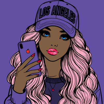 realistic beautiful girl wearing los ángeles cap holding an iphone
