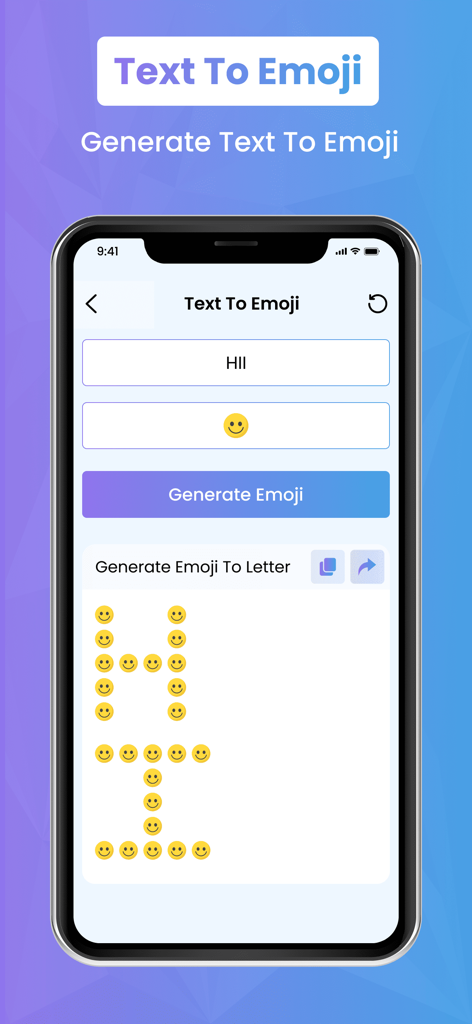 Nickname Generatore - 스마일리 페이스 아이콘을 사용하여 HII라는 단어를 생성하는 텍스트-이모지 기능을 보여주는 모바일 앱 화면
