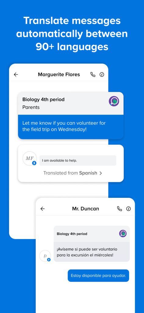 Remind app interface showing automatic translation of school messages in multiple languages.