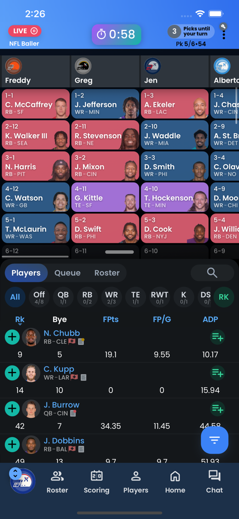 Fantrax Fantasy Sports - Live fantasy football draft screen on Fantrax app with player stats and selection grid