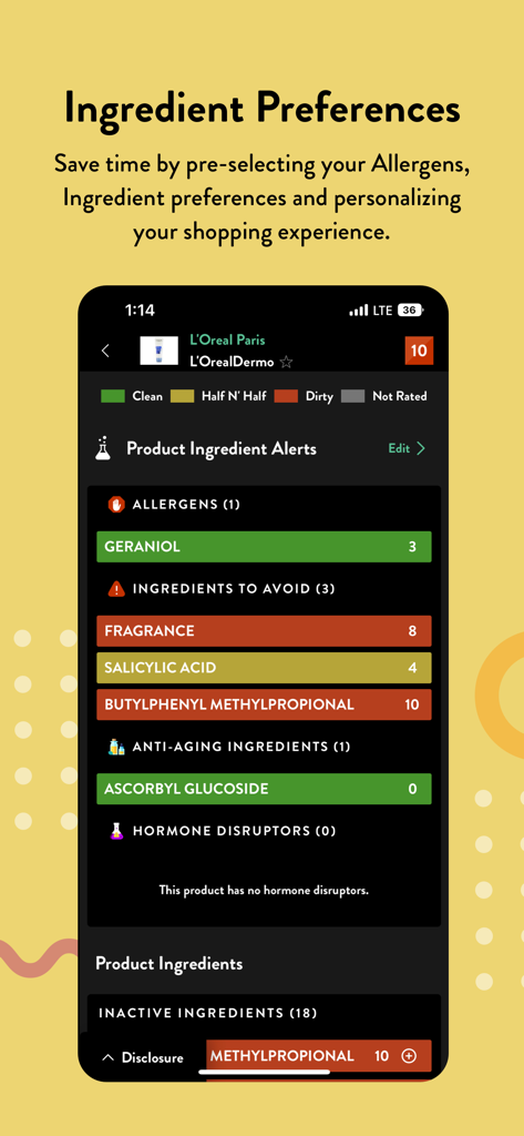 Interface do aplicativo Think Dirty mostrando preferências personalizadas de ingredientes e alertas para alérgenos e componentes de cuidados com a pele.