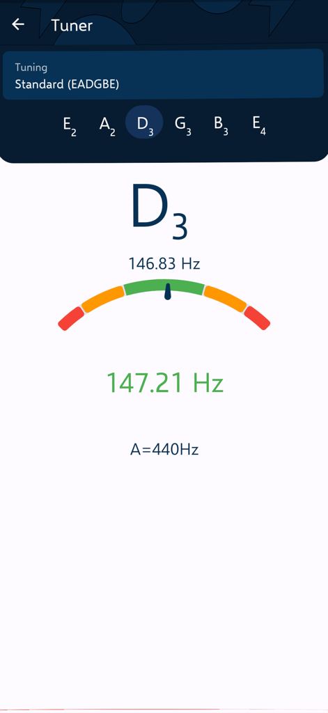iTendry - Una captura de pantalla de la interfaz del afinador de guitarra de la aplicación iTendry que muestra una nota Re3 siendo afinada con un medidor visual de frecuencia.