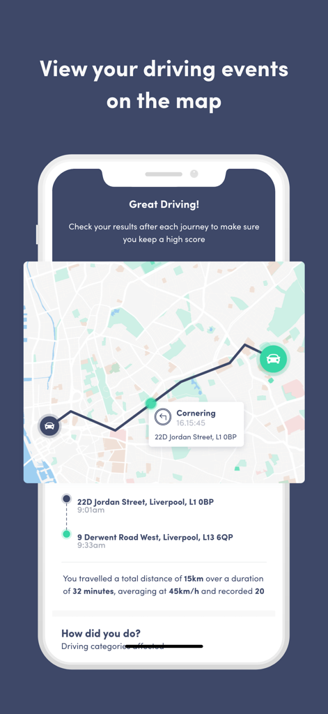 toot - safer driving - toot 앱의 스크린샷으로, 지도에 운전 경로와 특정 코너링 이벤트 표시기, 그리고 거리 및 시간과 같은 여정 통계가 표시됩니다.