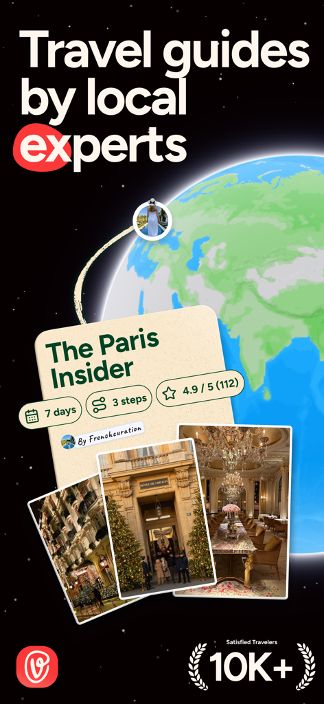voilà : Travel guides & eSIMs - Pantalla promocional de la aplicación voilà que presenta guías de viaje de expertos locales y un itinerario de "insider" de París.