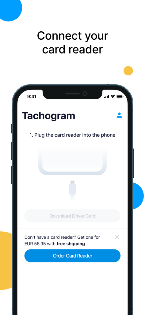 Tachogram - Pantalla de la aplicación Tachogram con instrucciones para conectar un lector de tarjetas de tacógrafo digital a un teléfono móvil.