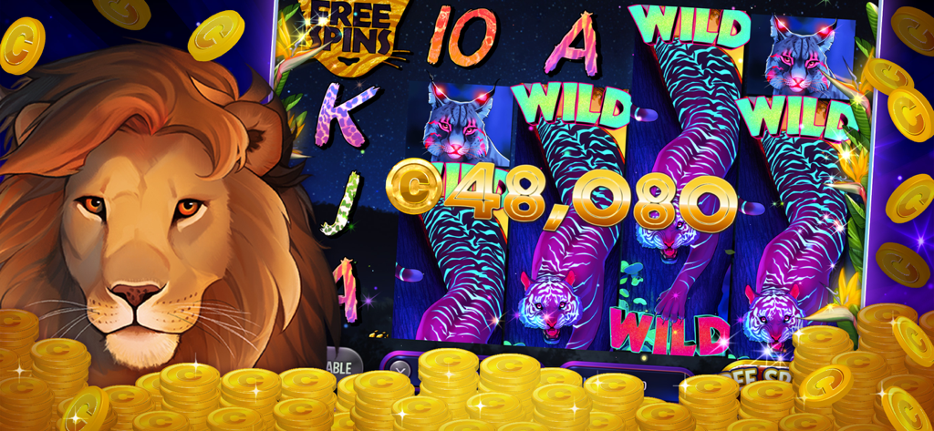 Casino World Slots & Rewards - Interface de machine à sous dans Casino World avec un avatar de lion et un gros gain de pièces avec des symboles de tigre violet sur les rouleaux.