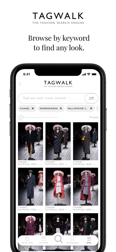 TAGWALK - Smartphone screen displaying the Tagwalk app interface with Chanel runway search results