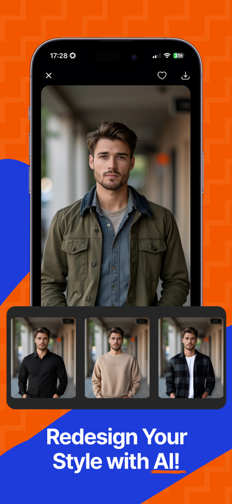 AI Clothes Changer: Dressy - A smartphone displaying the Dressy app interface where a man virtually tries on different outfits using AI