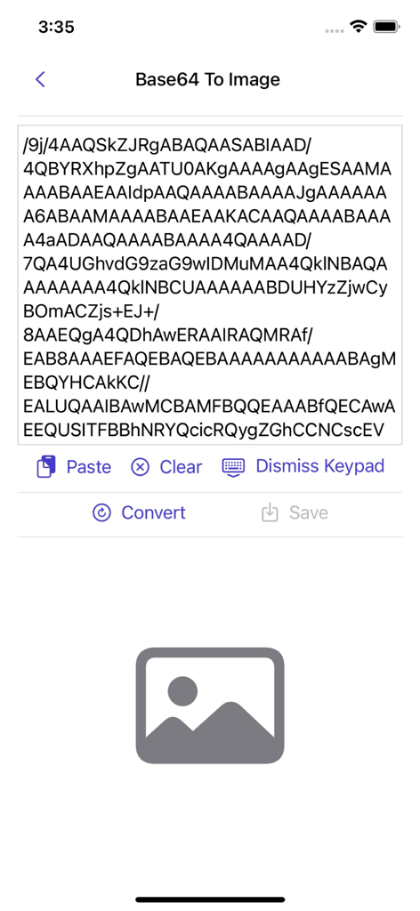 Image to Base64 Plus - The Base64 to Image decoding screen with an input field for text strings.