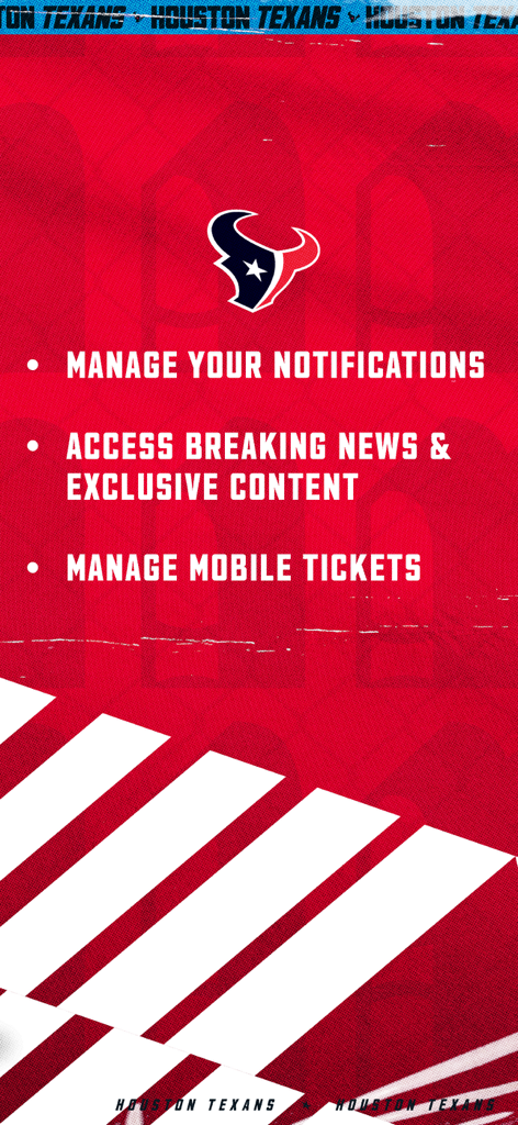 Houston Texans - Houston Texans app screen listing features for managing notifications news and mobile tickets