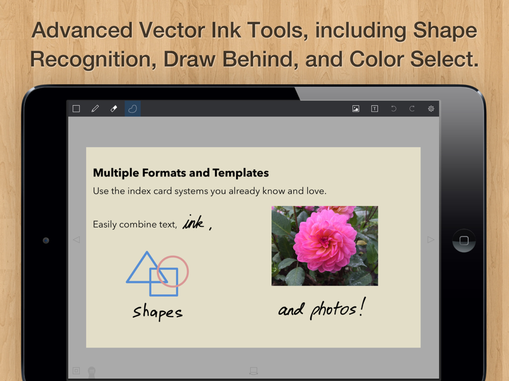 Cardflow PlusアプリのiPad画面。デジタルインデックスカードに、インクスケッチ、幾何学的形状、写真が含まれている。