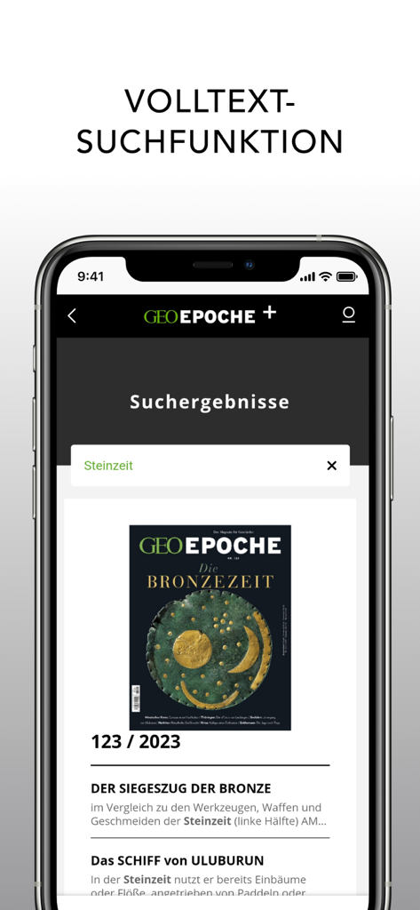 Interfaccia dell'app GEO EPOCHE che mostra la funzione di ricerca full-text con risultati per argomenti storici