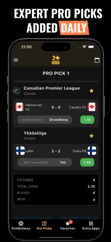 2+ Odds Predictions - Interfaz de la aplicación 2+ Odds Predictions mostrando pronósticos diarios de apuestas de fútbol y selecciones profesionales.