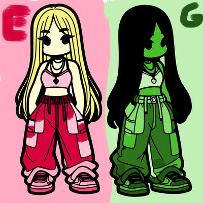 girl in baggy pants crop top and long hair