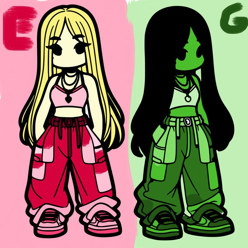 girl in baggy pants crop top and long hair