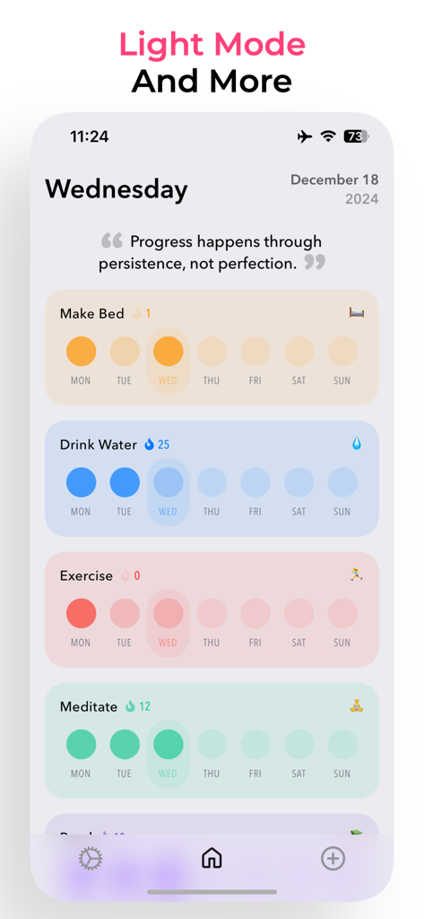 Haby habit tracker app dashboard in light mode showing daily progress for multiple habits like exercise and meditation