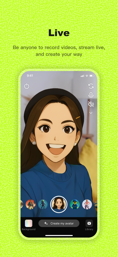 Interface de la fonctionnalité Live de Viggle AI montrant un avatar de personnage d'anime pour la création et le streaming vidéo en temps réel.