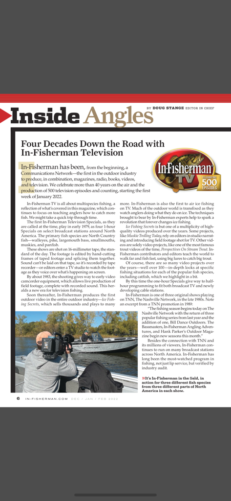 In-Fisherman Magazine - An article in the In-Fisherman Magazine app celebrating 500 episodes of In-Fisherman Television with a photo of a cameraman filming on a lake.
