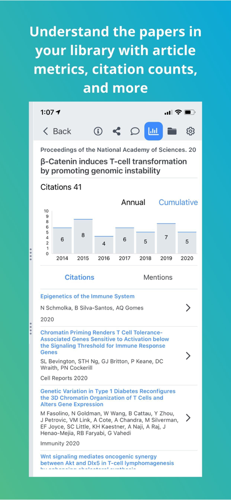 Papers by ReadCube - Oberfläche, die Zitationszähler und jährliche Metriken für einen Forschungsartikel in der Papers by ReadCube App anzeigt