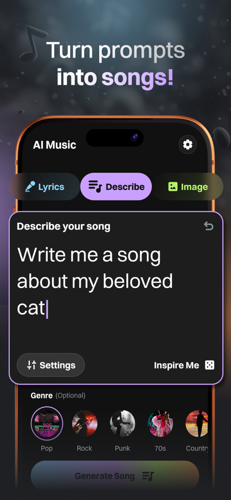 AI Music, Song Generator: Tune - Interface of the Tune app showing a text prompt to generate a song about a cat with various music genre options