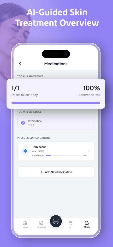 A mobile app interface showing medication schedule and treatment adherence for skin conditions