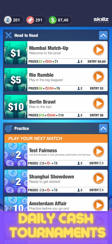 Dominoes For Real Cash Skillz - Mobile game menu showing head to head and practice dominoes tournaments with real cash prizes