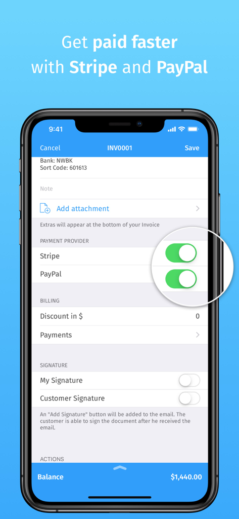 StripeとPayPalの支払いプロバイダーオプションを示す請求書アプリ画面