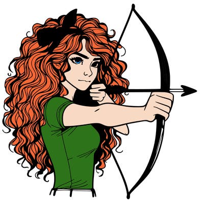 a woman with curly and messy hair using a bow to shoot arrow realistic