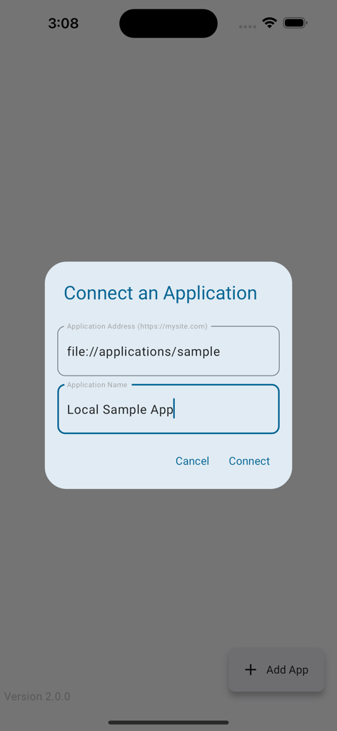 Framework Markup Language - Una ventana modal titulada Conectar una Aplicación con campos de entrada para la dirección y el nombre de la aplicación dentro de la aplicación Framework Markup Language.