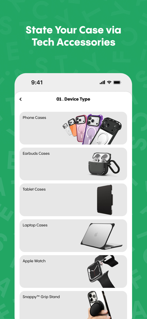 CASETiFY - Écran de l'application mobile Casetify affichant les catégories d'étuis de téléphone, d'étuis pour écouteurs et autres accessoires technologiques