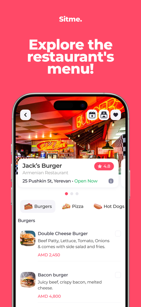 Sitme. - Smartphone screen showing the Sitme app restaurant menu interface for Jacks Burger