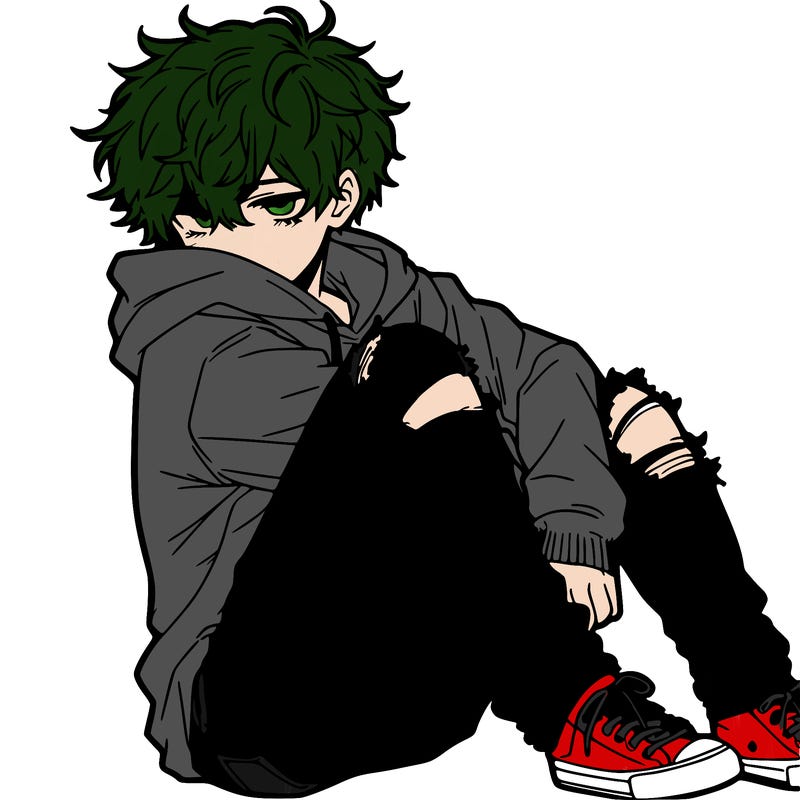 a male hoddie ripped jeans messy hair anime
