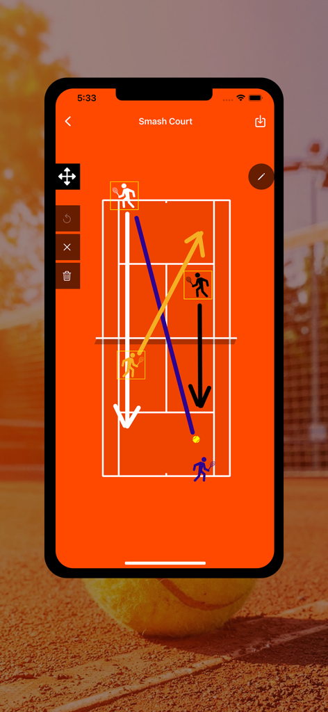 TennisCourt - TennisCourt app interface showing a tactical coaching diagram with player positions and movement arrows on an orange court background