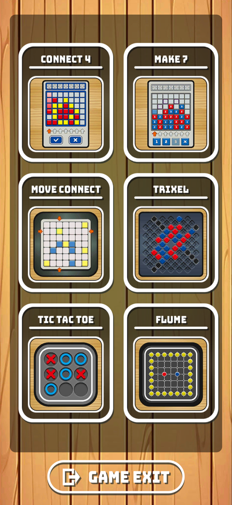 TableTop BoardGame - Una pantalla de selección para la aplicación TableTop BoardGame que muestra íconos para Conecta 4, Tres en Raya y otros juegos de estrategia clásicos sobre un fondo de madera.