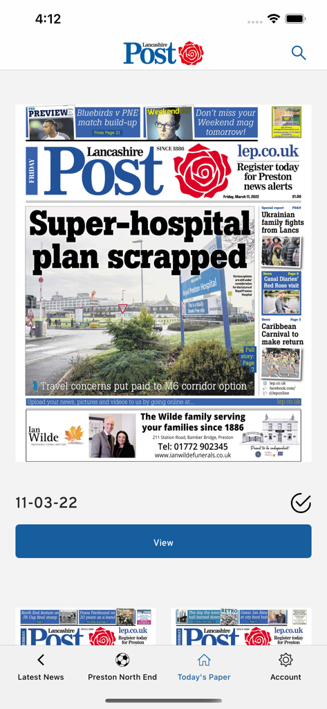 The Lancashire Evening Post - Una captura de pantalla móvil de la aplicación The Lancashire Evening Post que muestra la portada de su réplica de periódico digital.