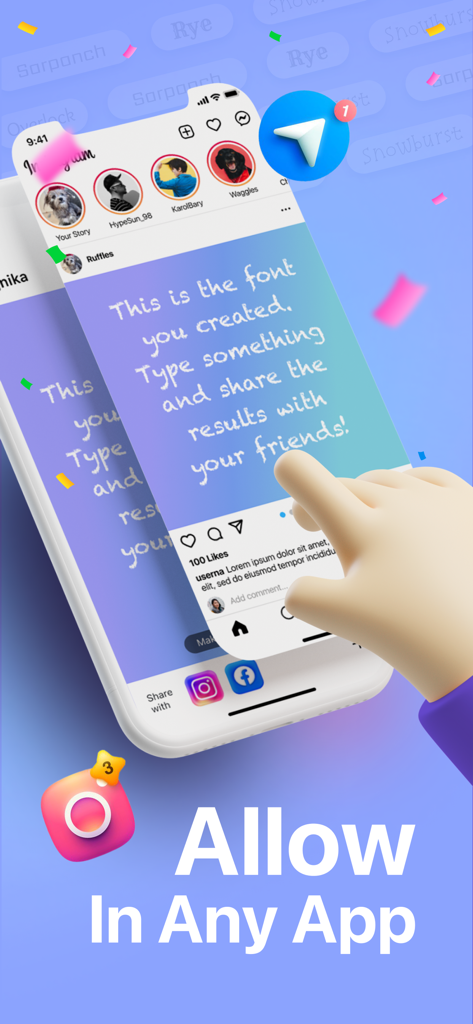 FontMaker - Handwriting Art - FontMaker App-Oberfläche, die benutzerdefinierte Handschrift-Schriftarten in einem Instagram-Post mit dem Text "Allow In Any App" zeigt.