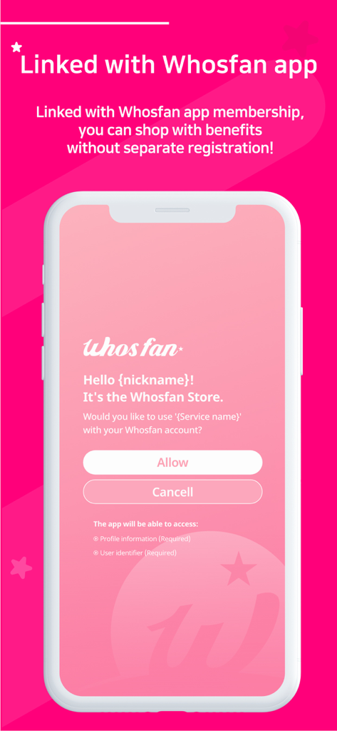 Whosfan Store app interface showing account synchronization with the Whosfan membership for seamless shopping.