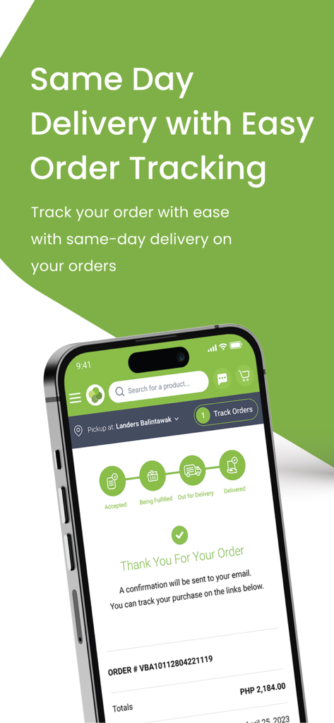 Landers Superstore mobile app interface showing real time order tracking for same day delivery.