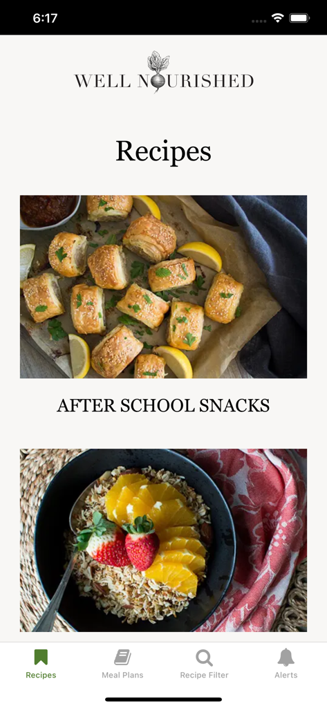 Interfaz de la aplicación Well Nourished que muestra categorías para bocadillos después de la escuela y tazones de desayuno