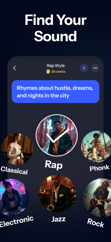 AI Song Maker·Music Generator - AI Song Maker interface showing different music genres like Rap Jazz and Rock for music generation