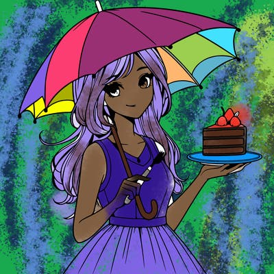 realistic girl holding a umbrella in one hand and a slice of cake in the other hand