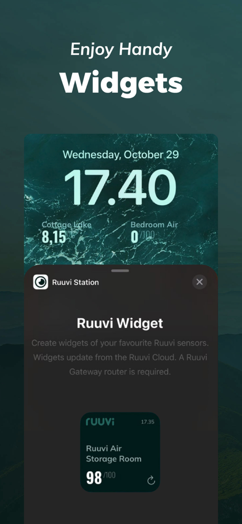 Ruuvi Station app widgets displaying live environmental sensor data on an iPhone lock screen