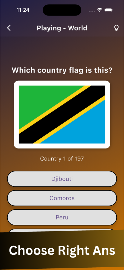 Flags of All World Country - A geography quiz interface displaying the flag of Tanzania with multiple choice options for Djibouti Comoros and Peru