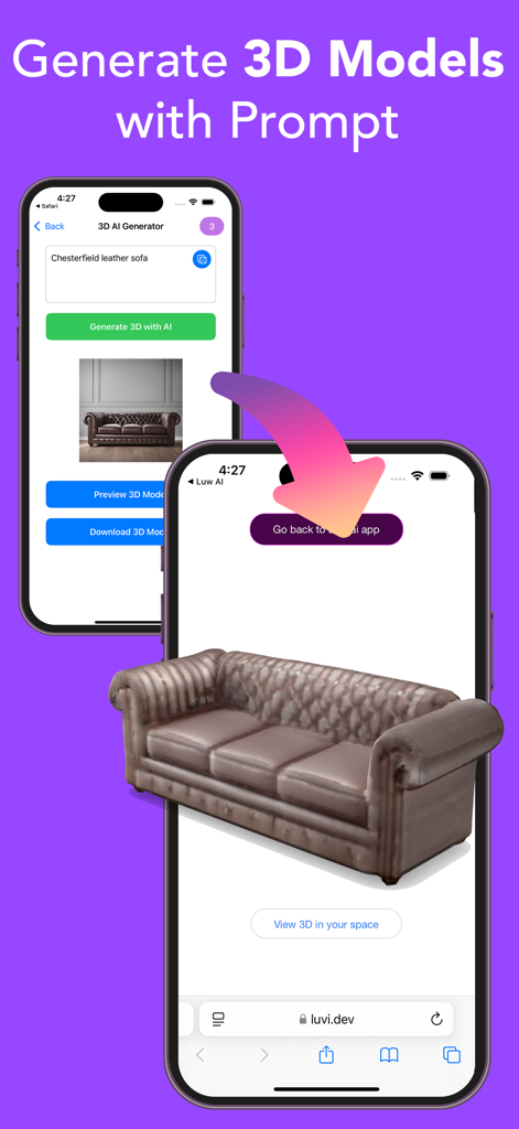 Luw AI - AI Home Design - Mobile app interface showing a 3D Chesterfield leather sofa generated from a text prompt