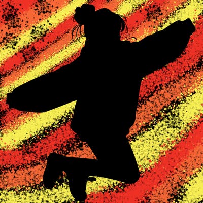 realistic girl jumping with a bun and oversized sweatshirt