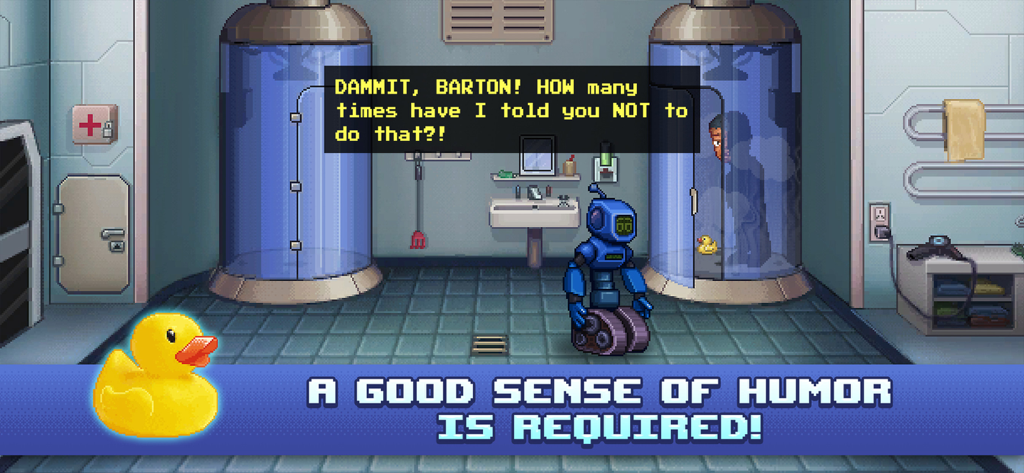 Odysseus Kosmos - Episode 1 - Retro pixel art gameplay showing a blue robot in a spaceship bathroom with humorous dialogue