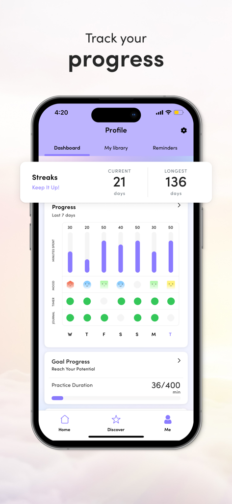 Roundglass Living: Wellbeing - A screenshot of the Roundglass Living app showing the user profile dashboard with progress tracking charts and daily streaks.