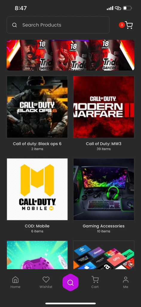 Online Gaming Marketplace - Mobile interface of the Online Gaming Marketplace app showcasing categories for Call of Duty games and gaming accessories