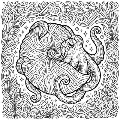 Explore the marvels of the deep with this captivating Paper Nautilus (Argonaut) coloring page, showcasing its elegant 'paper-thin' shell. Immerse yourself in a world of intricate ocean currents and marine flora, ready for your creative touch.